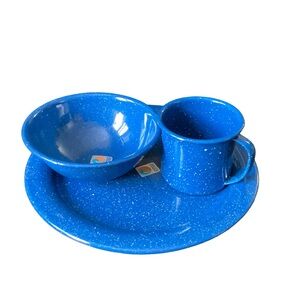 Cinsa Blue Enamelware Camping Set Plate Bowl‎ Cup Speckled Outdoor Cookware
